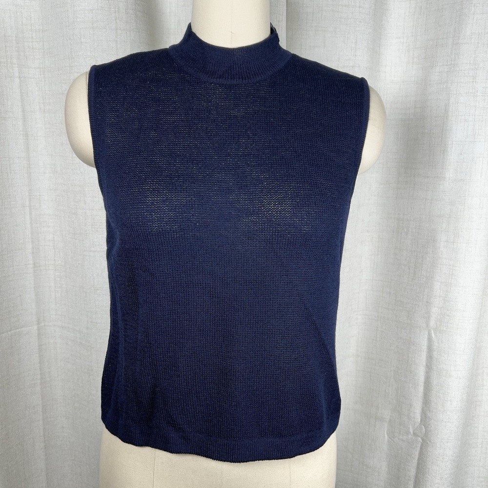 Vintage St. John Santana Knit Navy Blue Sleeveless Sweater Top Mock Neck Small